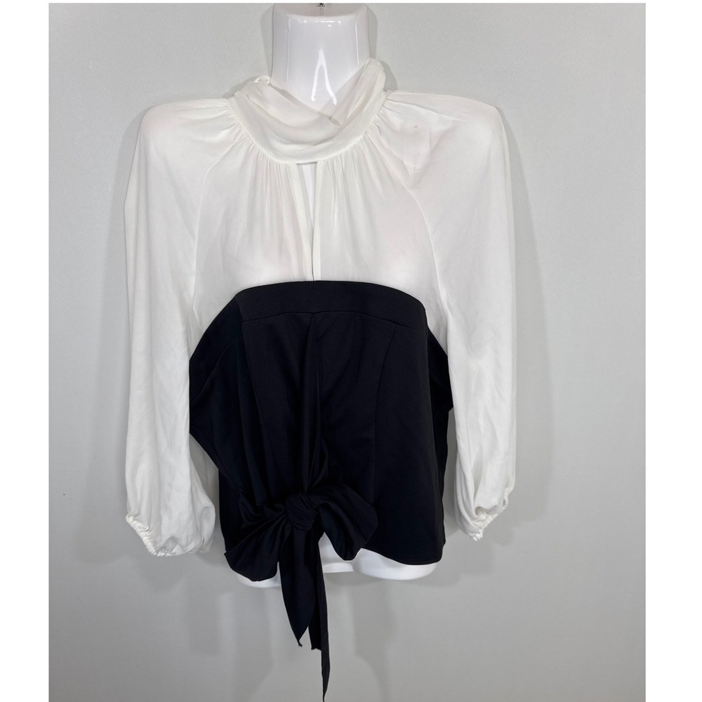 New York & Company Colorblock Tie Front Blouse White Black High Neck Large